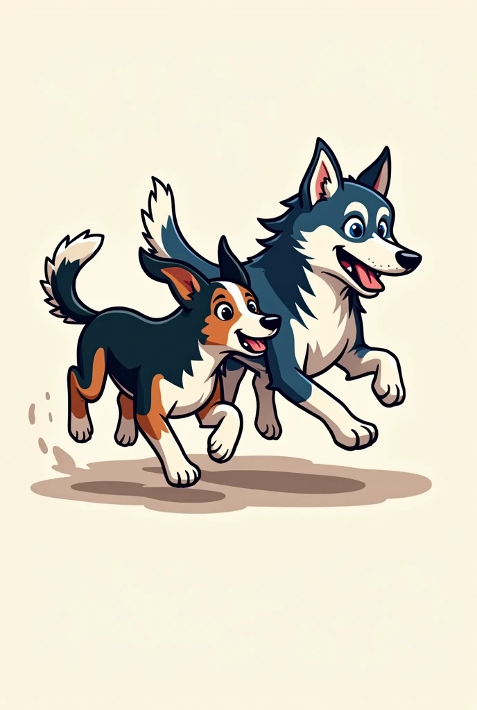 Image for a running club logo with an adult Siberian husky and an adult short-legged tricolor basset hound running towards the finish line as if they were in a race, that the animation is a little more realistic and detailed
