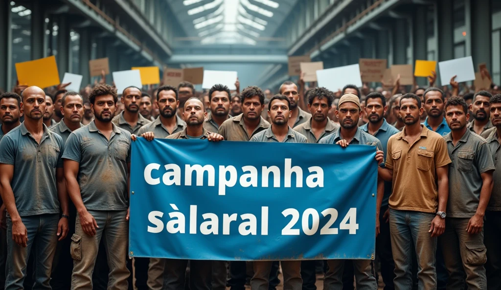 A high-definition Canon DSLR photo of a large group of Brazilian metalworkers, men and women, standing united in front of a modern factory. Their skin and uniforms are marked with dirt, and they hold a large blue banner with white text that reads "Campanha Salarial 2024" in Portuguese. In the background, more workers hold various banners and posters, adding depth and energy to the scene. The sharp image captures the determination on their dirt-streaked faces and the dynamic atmosphere of their collective struggle.