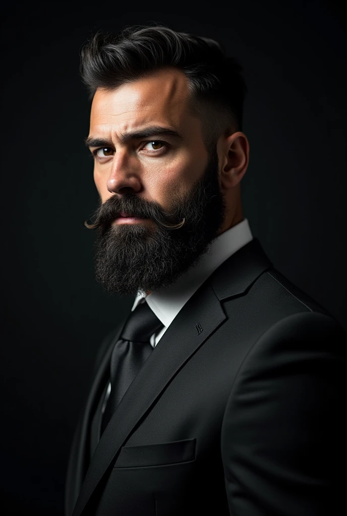 Black and white bearded man with black background, dark portrait, male model, man with dramatic lighting, beautiful and detailed face, handsome man, beautiful, perfect and complete face, dark background, handsome man with beard, attractive man, perfectly shaded face, perfect and realistic shaded face, perfect face, looking straight ahead, sharp looking portrait, dressed in formal suit, long tie