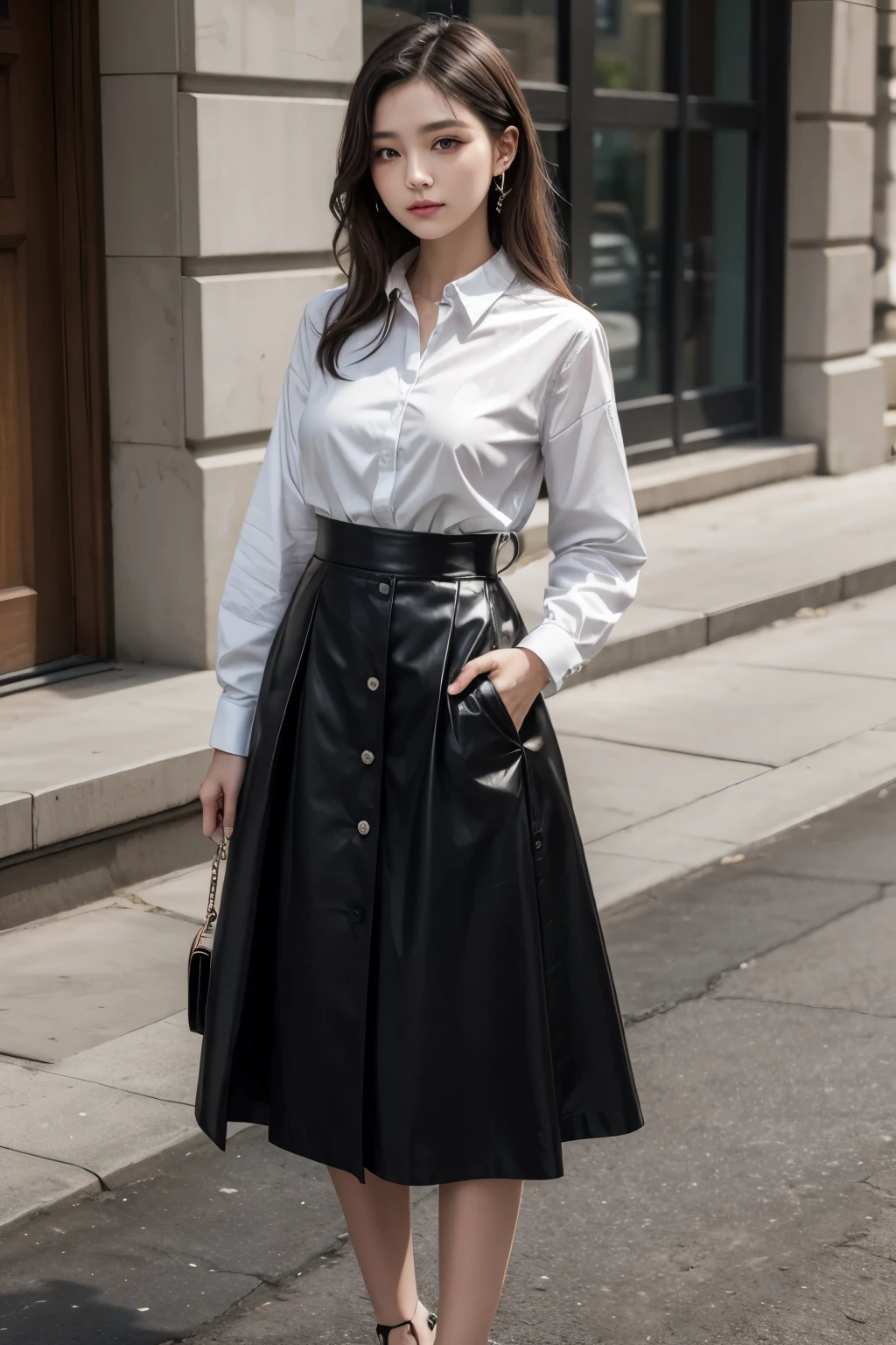 Create a feminine look with a long black flared skirt and a white button-down shirt., tucked inside the skirt.