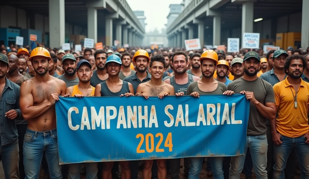 A high-definition Canon DSLR photo of a large group of Brazilian metalworkers, men and women, standing united in front of a modern factory. Their skin and uniforms are marked with dirt, and they hold a large blue banner with white text that reads "Campanha Salarial 2024" in Portuguese. In the background, more workers hold various banners and posters, adding depth and energy to the scene. The sharp image captures the determination on their dirt-streaked faces and the dynamic atmosphere of their collective struggle.