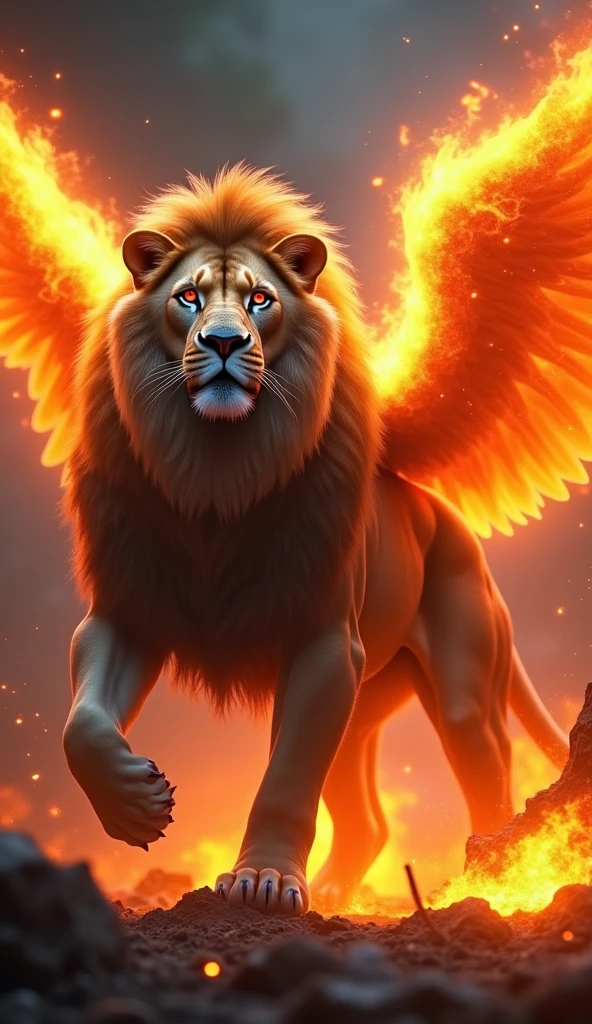 Gerenuma ultra realistic 8k image of a lion with angel wings on fire strong, big fit ass , handsome with red eyes