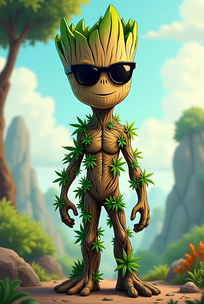 groot avec des lunettes noires avec des petites plantes de canabis qui pousse sur son corp et qui pendent sur sa tete en cartoon