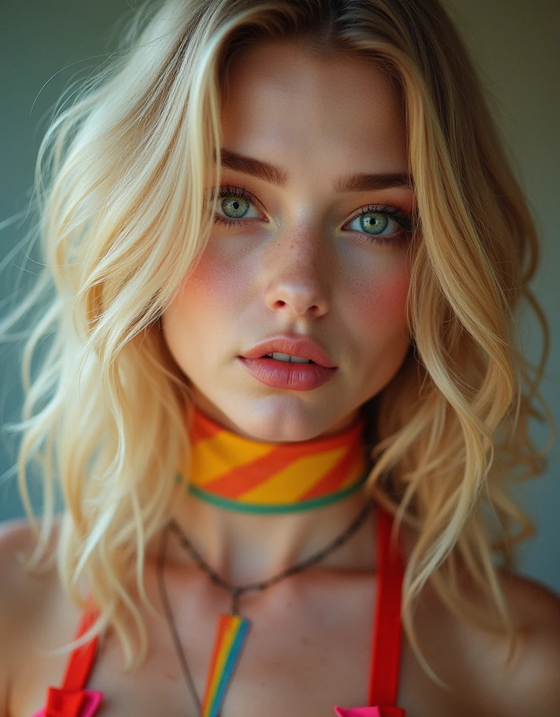 (((best qualityer))), highly detailed, high resolution. 2 female, blondie hair, clear green eyes, fleshy lips, Secy face portrait flowy rainbow hairs red eyes makeup face red lis sexy lsdy sexy rainbow outfit sexy hairstyles 