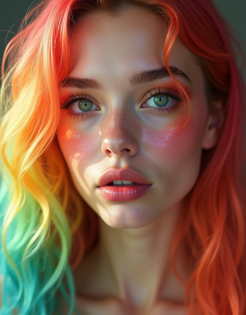 (((best qualityer))), highly detailed, high resolution. 2 female, blondie hair, clear green eyes, fleshy lips, Secy face portrait flowy rainbow hairs red eyes makeup face red lis sexy lsdy sexy rainbow outfit sexy hairstyles
