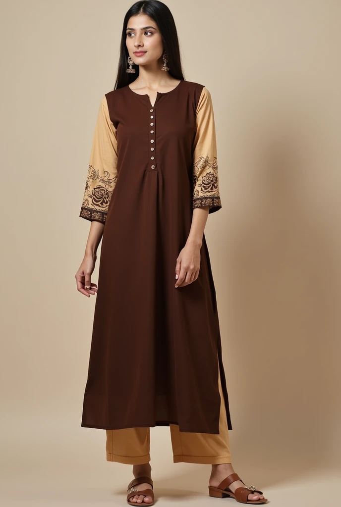 A open button full sleeve round kurti.Sleeve is beige colour & it has little rose on bottom of the sleeve that is chocolate colour. The whole body of the dress is chocolate colour...& the dress has a open button system & a slight divive on the bottom...the button color is chocolate.... Show me full image.....sleeve rose is printed rose....button is on whole body & has a divide in the bottom portion of the dress &pant is also beige colour...more Design
