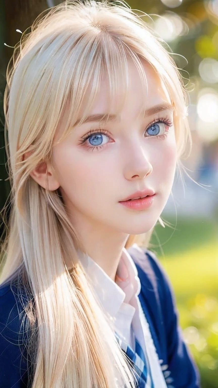 A very beautiful Nordic girl、Super long silky shiny metallic butter blonde hair、Cute beautiful girl with sexy messy bangs、Hair above the eyes、片Hair above the eyes、Hair between the eyes、uniform、Super long beautiful blonde hair、Beautiful bangs between the eyes、Very beautiful cute face、Cute beautiful gentle expression、high school girl、Big, pale, very bright sky blue eyes that shine beautifully、Small Face Beauty、Round face、Snow-white glossy skin、