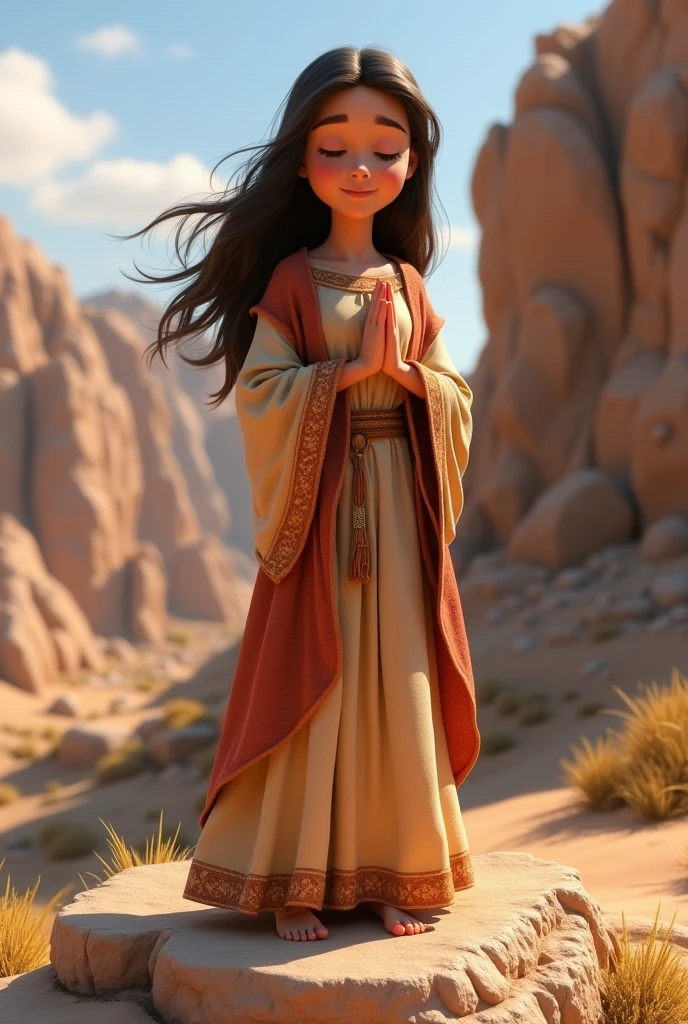 young woman praying with eyes closed standing in israelite robe on a rock pixar animated
