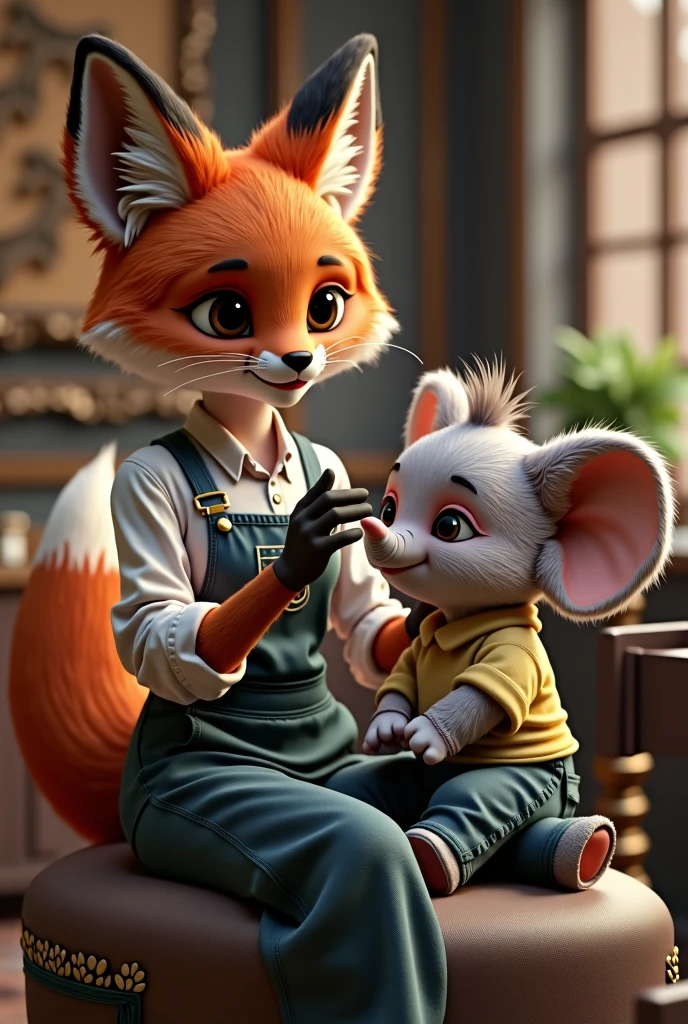 A female fox works as a hairdresser, removing excess hair from the face of a very small elephant wearing a shirt and jeans from L.E. in a very luxurious store, as realistic as in real life.