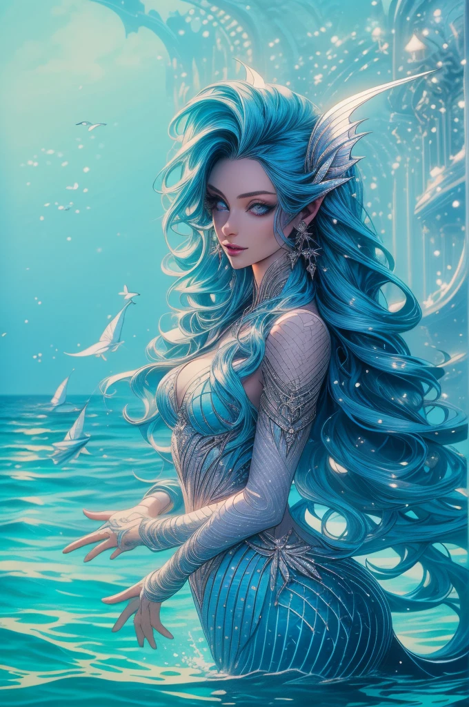 ( absurd , high quality , Ultra detailed, be careful with your hand ) A mermaid , Mermaid Tail , Dreamy , Bright, romantic, whole body . Optimistic, candid, funny and intelligent face . Reckless, cold-blooded, impatient, self-confident style . mature , dark blue eyes (Eyes detail) , long hair , dark blue hair with chic , In the ocean , water