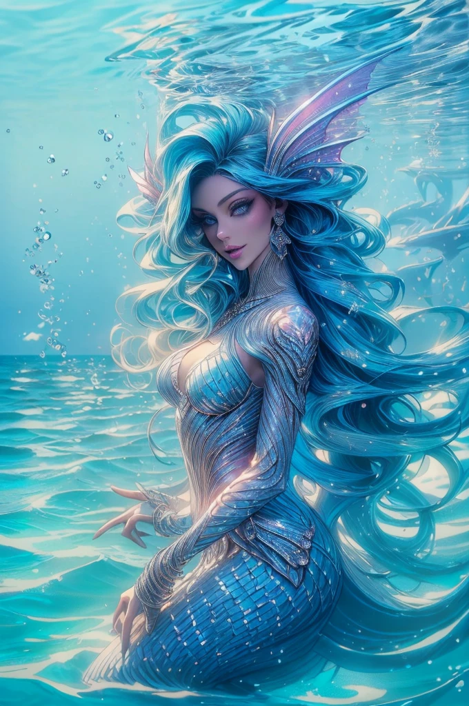 ( absurd , high quality , Ultra detailed, be careful with your hand ) A mermaid , Mermaid Tail , Dreamy , Bright, romantic, whole body . Optimistic, candid, funny and intelligent face . Reckless, cold-blooded, impatient, self-confident style . mature , dark blue eyes (Eyes detail) , long hair , dark blue hair with chic , In the ocean , water