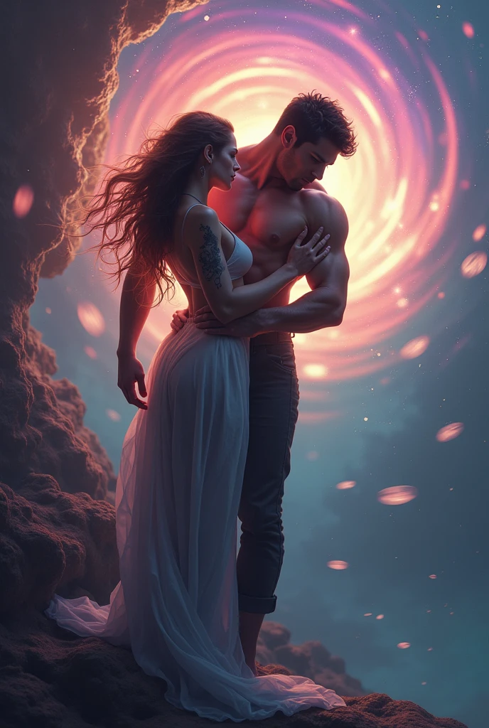 Masterpiece, Need for Good, 1 Man, Adult, Mature Woman, Tall Muscle Man, Dark Theme, Magic Array, Bubbles, Rainbow Sunlight, Underwater, Mirror, Floating Glass Sheets, Rainbow Light, Bubble Swirl, Wind Vortex, Aurora, Fantasy Landscape, Starlight Around the Character, (Upper Body), Naked on Upper Body, with a unicorn tattoo