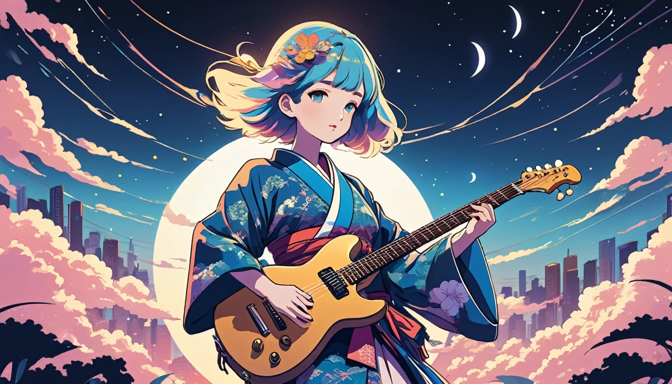 Electric guitar、Cool kimono woman、Wide-angle lens, Lofi Anime, Lofi illustration, Aesthetic atmosphere, Lo-Fi Style, Vector art, Flat Design, Simple shape, Warm tones, Pleasant atmosphere, Chill, In anime style, Digital drawing, Vector art, Vector logo for t-shirt printing, (Adorable:1.5), (small:1.4), (Playful:1.2), (soft:1.3), (Whimsical:1.1), masterpiece, Highest quality, 8k, Intricate details, grow, Celestial, Mysterious, Picturesque, amazing, Majestic, Magic, Fantasy art, Cover art, dream-like