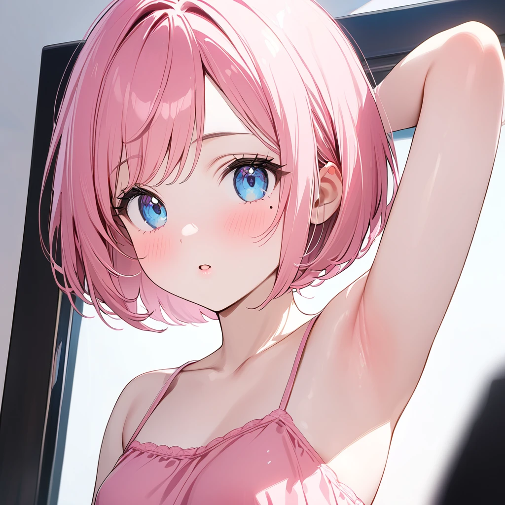 (1 girl),(Best Picture Quality, 8K, Masterpiece:1.3), (high student:1.5), ((pink lob hair:1.1)), (bob cut),(swept bangs), (cute eyes, pupil black, iris skyblue, youthful face), (mole under right eye), (standard weight), (small breasts), (glistening skin:1.1),(pale skin:1.2),((showing armpits)),((pink camisole), white background,