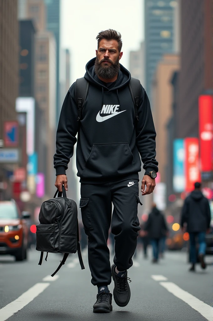 A tall man, all Nike dress, barba, Gachero and aesthetic through the streets of New York