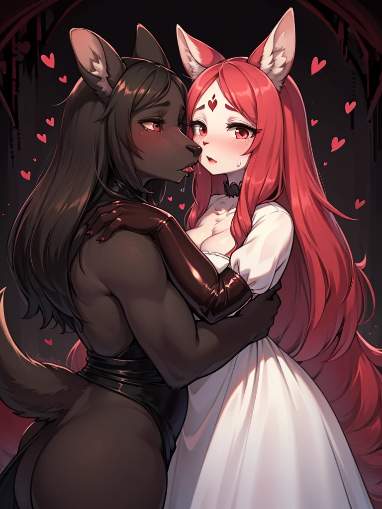 horror , (beauty and bestiality) , beautiful woman , (with ugly beast) , moist thin eyes , glossy lips , Swollen cheeks , heart is beating fast , elegant dress , Devour each other like beasts , i want to be one with you