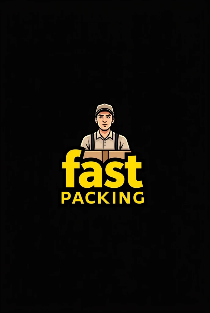 Create a logo for a fast packing company, yellow letters black background,a man with a box