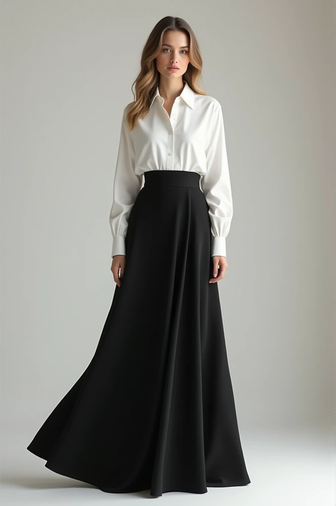 Create a feminine look with a long black flared skirt and a white dress shirt, tucked inside the skirt. Make it look realistic 