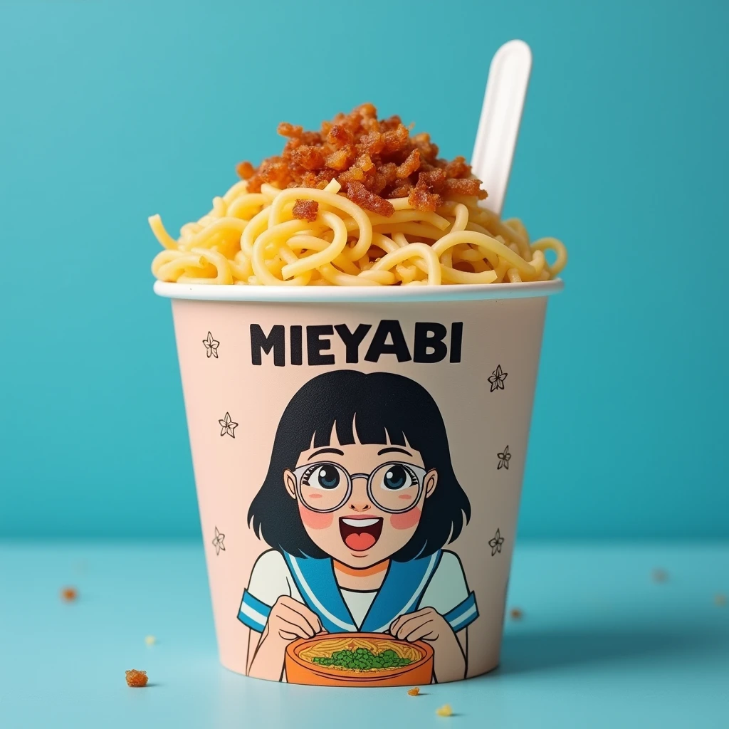 Sterofom cup:Boiled noodles topped with fried onions, salt and pepper, sunny side up egg,Capital letter cup says "MIEYABI" and medium letter says "Bikin" "Tegang", and a cup with a picture of a beautiful Indonesian woman, extra big jumbo fat body, donning metal frame glasses and a sailor suit, in a crawling pose, pastel colored noodle cup around it, noodle cup showing noodles coming out. studio blue background. very detailed. amazing. fantastic. photography. cinematic, photorealistic. focus MIEYABI, Bikin Tegang, very focused