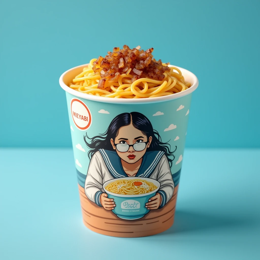 Sterofom cup：Boiled noodles topped with fried onions, salt and pepper, sunny side up egg，Capital letter cup says "MIEYABI" and medium letter says "Bikin" "Tegang", and a cup with a picture of a beautiful Indonesian woman, extra big jumbo fat body, donning metal frame glasses and a sailor suit, in a crawling pose, pastel colored noodle cup around it, noodle cup showing noodles coming out. studio blue background. very detailed. amazing. fantastic. photography. cinematic, photorealistic. focus MIEYABI, Bikin Tegang, very focused 