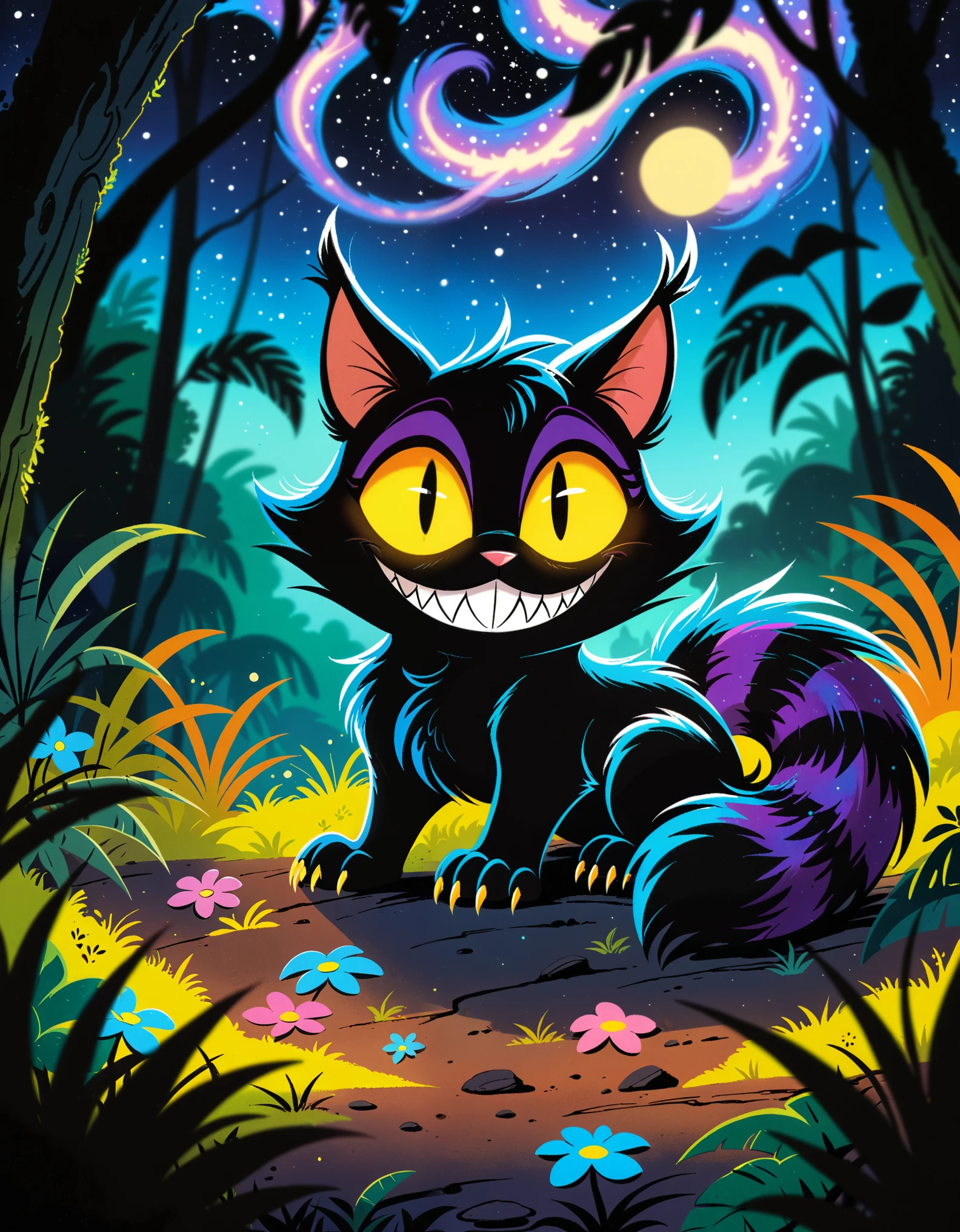 solo toony chibi cheshire cat, shadow creature, sharp teeth, stripes body, lying on front, looking at viewer, claws, glowing yellow eyes, big eyes, bedroom eyes, fluffy fur, smirk, BREAK, by Saul Bass, by Tomi Ungerer, detailed background, detailed foreground, depth of field, ambient silhouette, backlighting, night forest, jungle, starry, nebula, plant, glowing flower, river, yellow light, BREAK, masterpiece, best quality, ultra realistic, 4k, 2k, high detail, subsurface scattering, film photography, sharp focus, RAW photo, photorealistic, photorealism