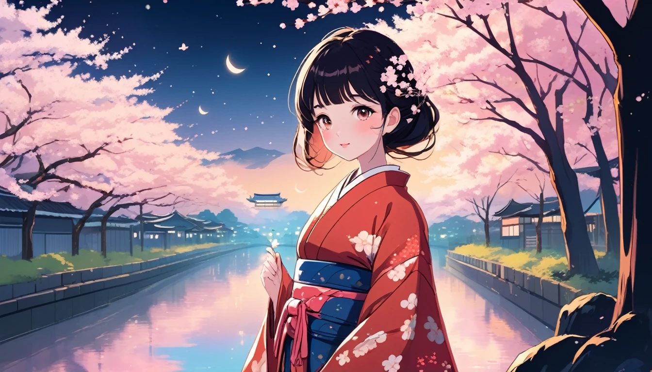 Woman in kimono、The background is cherry blossoms at night、Wide-angle lens, Lofi Anime, Lofi illustration, Aesthetic atmosphere, Lo-Fi Style, Vector art, Flat Design, Simple shape, Warm tones, Pleasant atmosphere, Chill, In anime style, Digital drawing, Vector art, Vector logo for t-shirt printing, (Adorable:1.5), (small:1.4), (Playful:1.2), (soft:1.3), (Whimsical:1.1), masterpiece, Highest quality, 8k, Intricate details, grow, Celestial, Mysterious, Picturesque, amazing, Majestic, Magic, Fantasy art, Cover art, dream-like