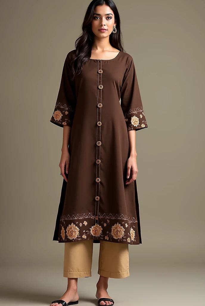A open button full sleeve round kurti.Sleeve is beige colour & it has little rose on bottom of the sleeve that is chocolate colour. The whole body of the dress is chocolate colour...& the dress has a open button system & a slight divive on the bottom...the button color is chocolate.... Show me full image.....sleeve rose is printed rose....button is on whole body & has a divide in the bottom portion of the dress &pant is also beige colour...more Design... Round kurti with cigarette pant