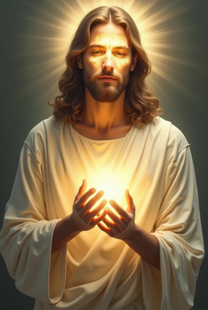 YESHUA with a very bright face like light on his face and a white tunic