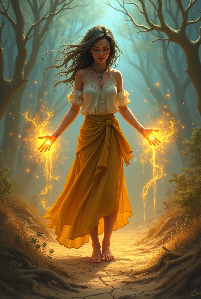 



4. **Blessy’s Struggle**
   - **Picture:** Blessy in her garden, looking worried as she casts spells with glowing, healing light. The landscape around her remains dry and barren.

