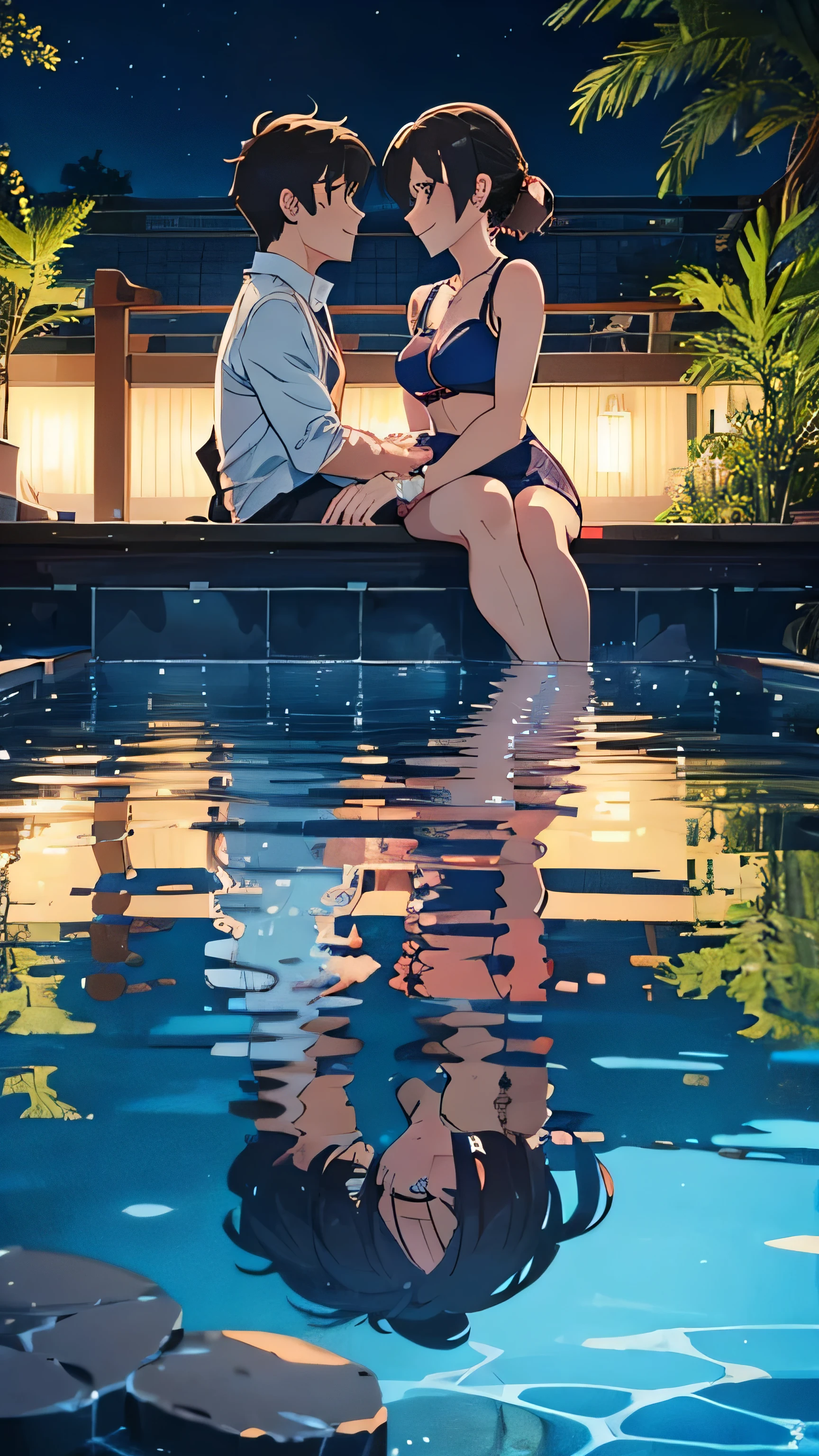 An anime-style illustration depicting a couple enjoying a date at a hotel pool. The artwork should showcase the beautiful surroundings of the pool, with vibrant colors and intricate details. The couple should be shown smiling and having a great time, with a sense of romance and relaxation in the air. The lighting should be soft and gentle, highlighting the couple and creating a warm atmosphere. The illustration should be highly detailed, capturing the reflection of the pool water, the textures of the surrounding area, and the expressions on the couple's faces. The overall composition should convey a sense of joy and happiness. short hair, brown hair, brown eyes,   Blushing, Fair skin,    --niji 5 --s 1000