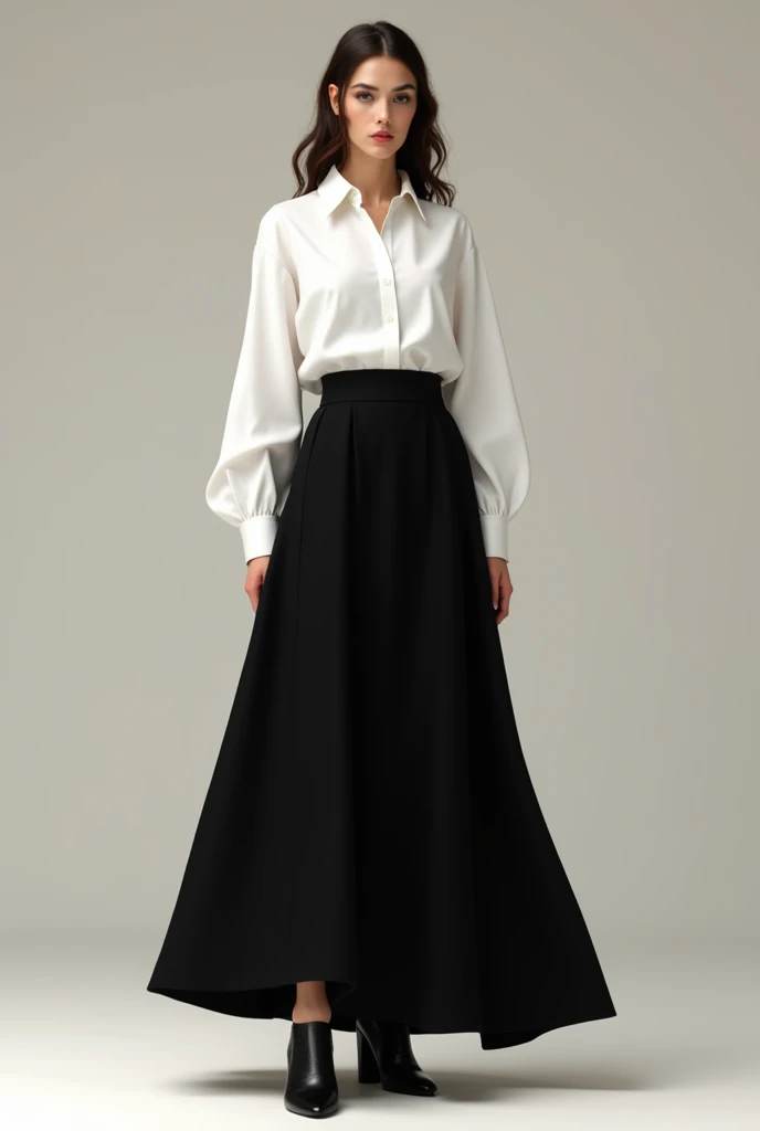 Create a feminine look with a long black flared skirt and a white dress shirt, tucked inside the skirt. Make it look realistic 