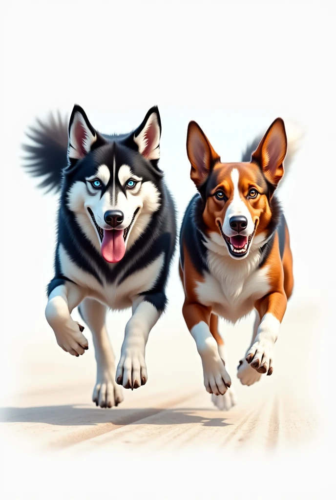 Image for a running club logo with an adult Siberian husky and an adult short-legged tricolor long-eared basset hound running towards the finish line as if they were in a race, that the animation is more realistic and detailed