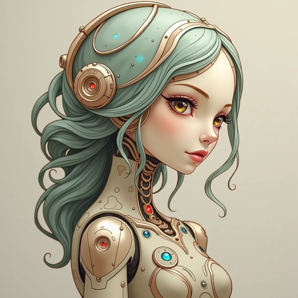 imagine the head of a robotic woman, with soft and delicate feminine features, but with subtle technological elements. The face would be partially metallic, with smooth plates that follow the natural anatomy, but decorated with organic lines and arabesques typical of Art Nouveau, almost like a fusion between technology and ornamental art. Her hair could be one of the main Art Nouveau elements: instead of common wires, It would be composed of long ribbons or metallic filaments that intertwine in fluid and elegant patterns, forming curves and spirals around the head and perhaps descending slightly down the neck. Those "hairs" can resemble stylized vines or waves, maintaining the characteristic flow of Art Nouveau. To reinforce femininity, the face would have large, expressive eyes, perhaps with long metallic lashes or with soft light details around the eyes, and well-defined lips. The contrast between the cold metal and the delicate ornamental lines would bring a balance between the mechanical and the organic. In the Neo-traditional style, the design would bring bold lines to define the structure of the face and the details of the ornamental hair, keeping the focus on fluidity and curved shapes. Colors may include metallic tones such as silver or rose gold for the robotic elements., with touches of soft blue or green in the ornaments. This design emphasizes the fluid and decorative aesthetic of Art Nouveau., while robotic technology is smoothed out to complement the female form, creating a unique fusion between the ancient and the futuristic.