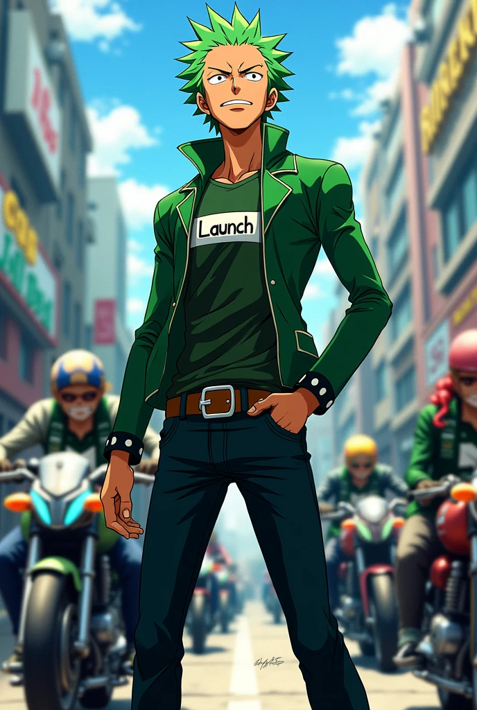 Anime One Piece Zoro is joining the motorcycle group LAUNCH , MELUNCURN group shirt color Green , on the front of all the clothes there is the writing LAUNCH