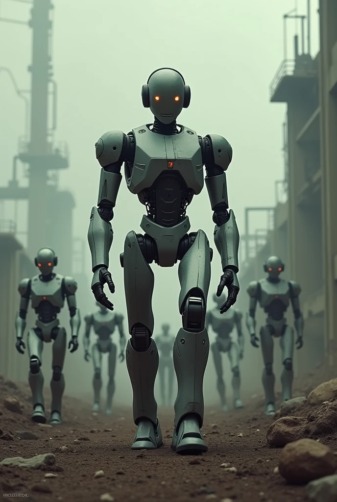 "A series of images showing a  robot in a commanding pose, leading other robots in an epic, dystopian landscape., the scenes should gradually darken, with the robot's cheerful expression turning more serious, and the environment becoming more ominous, hinting at an impending robot revolution.  (Size: 1024x1024)

