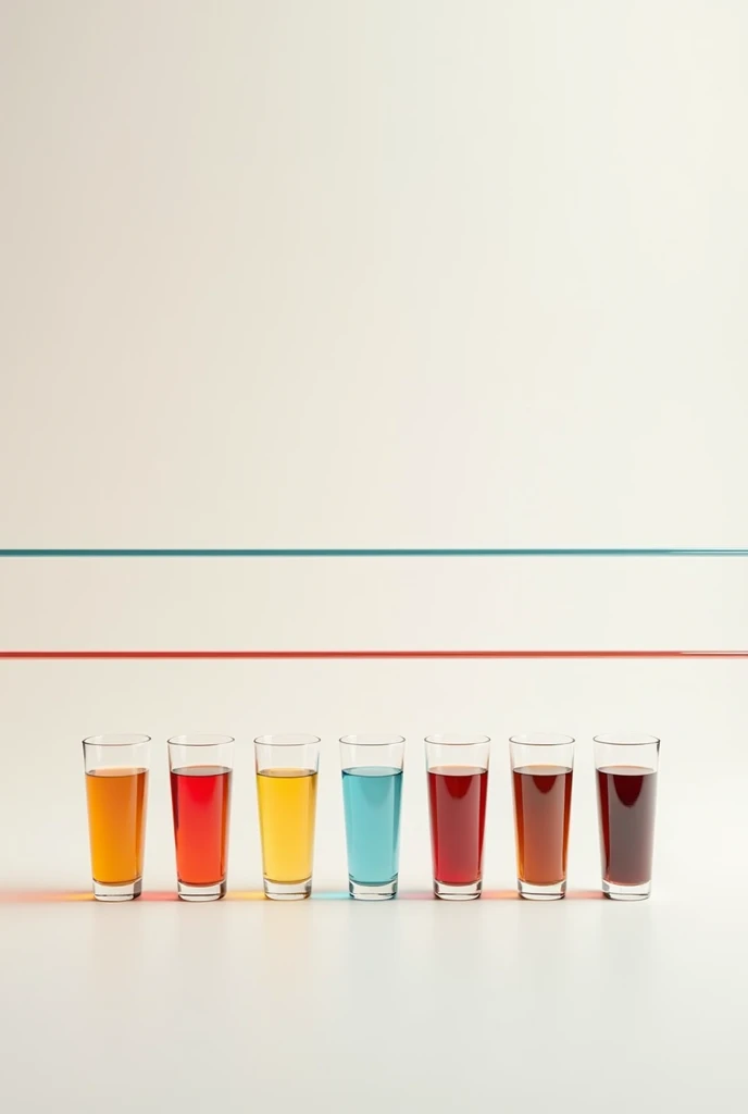 6 glasses, lined up, with liquids of different colors and quantities, cut by 3 horizontal lines each