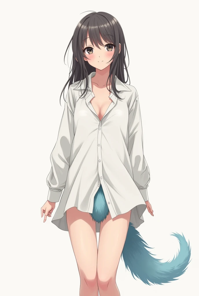 Manga style woman dress with only a large white botton shirt with a fluffy blue animal tail between her legs lightly opened
