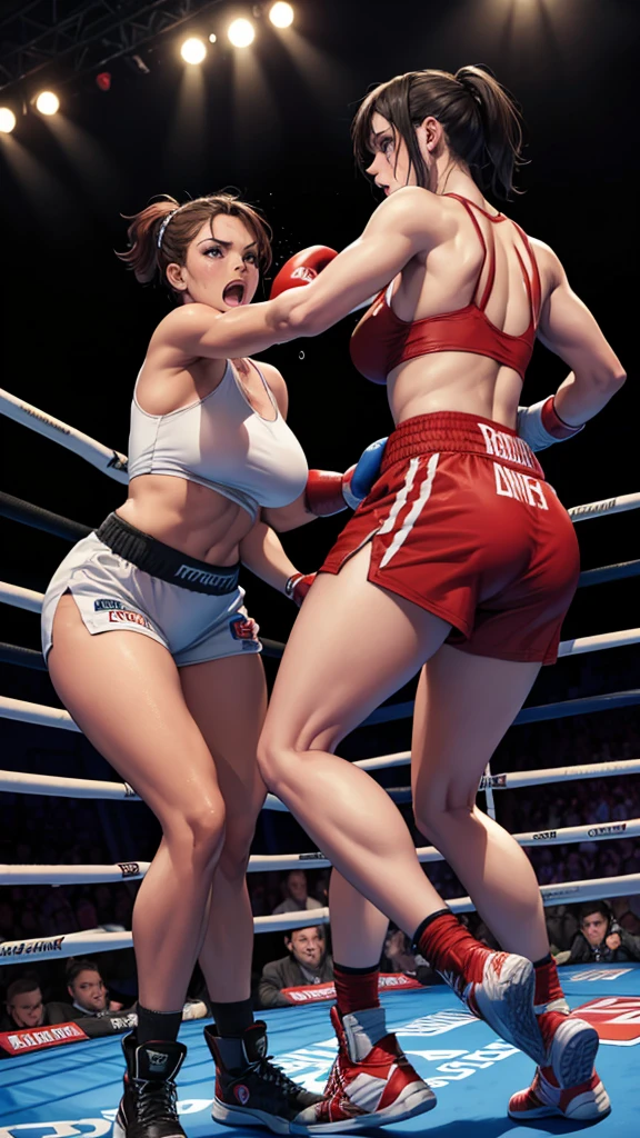 Underground_arena_boxing,2boxer_girls,fighting_against_each_other,boxing_ring,muscular_body,atlhetic_shape,pretty_girls,sweat_body,angry_face,boxing_gloves,very_detailed_scenario