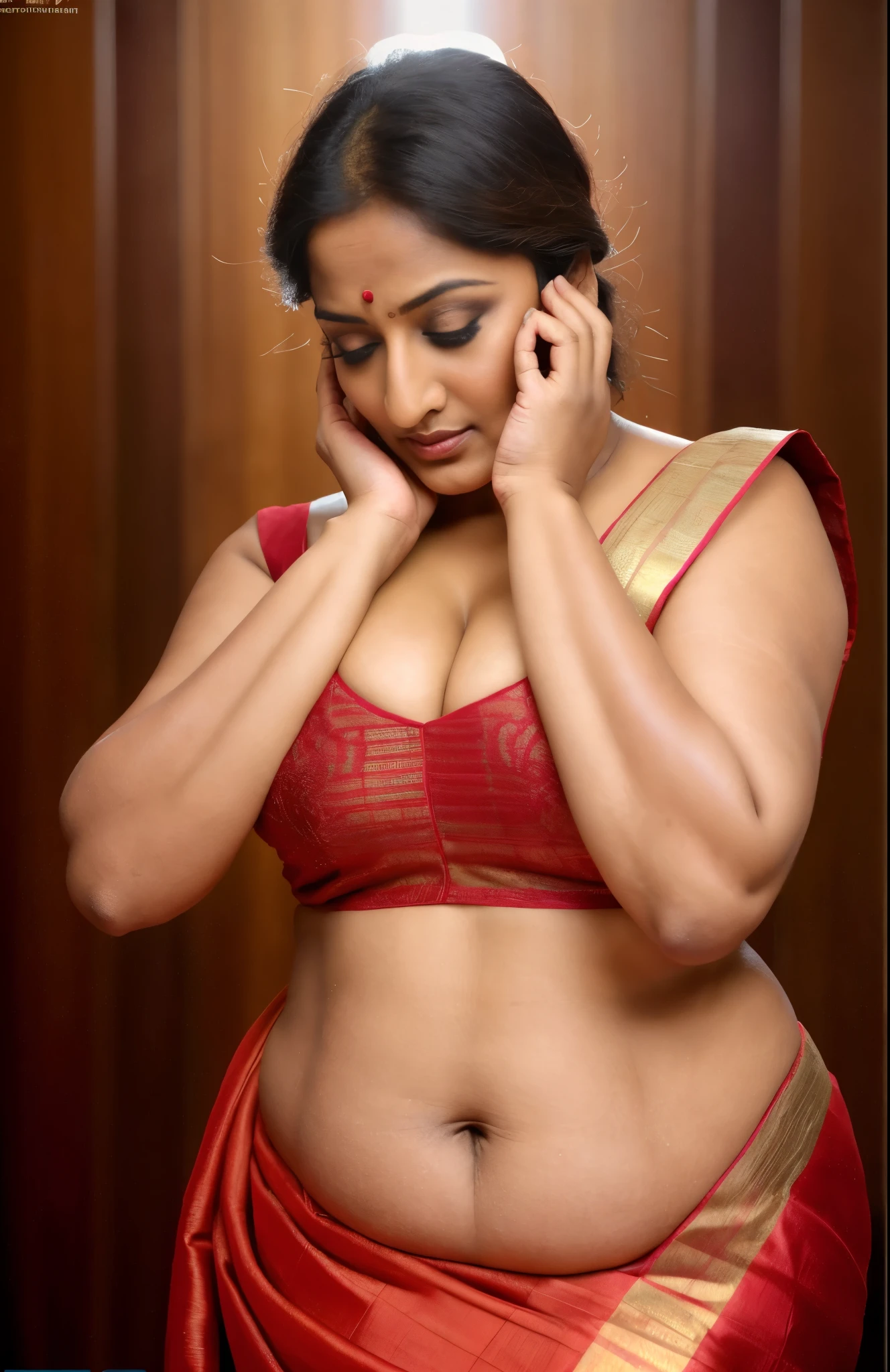 Realistic Representation of Savita bhabhi, sexy Savita aunty, tempting figure, busty aunty, goddess of lust, cougar lady, mommy, mommy figure, bulky figure, big milkers, deep cleavage, juicy fleshy figure, heavy bust, heavy hips, doodhwali, sizzling hot, Nextdoor aunty bhabhi , unsatisfied housewife, chubby aunty, sweat, oiled body, irresistibly hot, inspired by famous Indian adult comics by amarshrostha, Foto RAW, photorealistic, photography, full body shot, 50 years old Woman, master shot, perfect eyes, goddess like beauty, pierced eyes, perfect thick chubby mallu Desi aunty bhabhi, Wearing a Stanapatta, a chest-band.Saree model, model Photography, Indian saree shoot, Indian traditional wear advertising photography, traditional wear brand shoot, face of Indian actress Sonakshi Sinha, masterpiece, realistic,realism,incredible details,pleasure,photorealism, detailed skin,skin pores, high contrast, photorealistic Artstation 8k HD digital art trend of high definition and detailed realistic skin texture,ultra detail, realistic skin texture, armature, best quality, ultra high definition,(photorealistic:1.4),high resolution,detail,raw photo,sweat, Re sharp, by Lee Jefferies Nikon D850 Film Stock Photo 4 Kodak Portra 400 Camera F1.6 Lens Rich Color Ultra Real Realistic Realistic Textures Dramatic Lighting Unreal Engine Trending at Art Station Cinestill 800,(pele altamente detalhada: 1.2), 8k UHD, DSLR, soft-lighting,alta qualidade, grain of film, Fujifilm XT3,she didn't like to wear blouse or bra, intricate, she is happy to wear only saree, she hates blouse or bra, detailed hairy armpits, hyper realistic skin, skin pores, veins,wet body,premium ethnic jewellery,hyper realistic sweaty body,sweat,veins,detailed hairy stubble armpits, hyper realistic hairy armpits,low waist saree,deep juicy navel, insane details,stretchmarks,moles on breast, freckles 0.1,sensual desire,erotic fantasy,busy housewife,very busy in house chores,kaamwali aunty,alluring figure,thick arms thighs