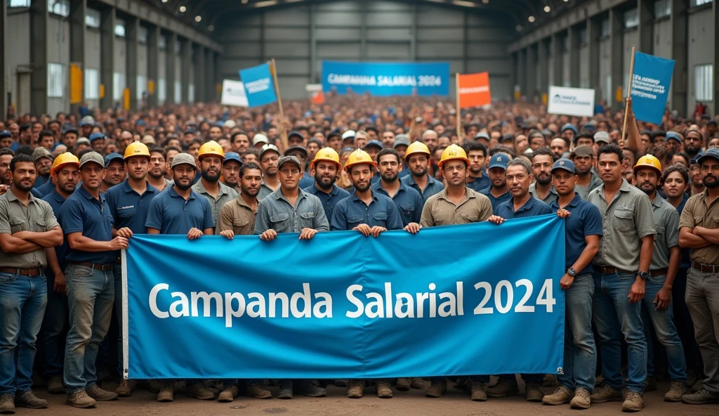 A high-definition Canon DSLR photo of a large group of Brazilian metalworkers, men and women, standing united in front of a modern factory. Their skin and uniforms are marked with dirt, and they hold a large blue banner with white text that reads "Campanha Salarial 2024". In the background, more workers hold various banners and posters, adding depth and energy to the scene.