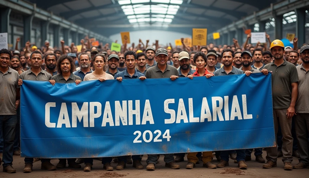 A high-definition Canon DSLR photo of a large group of Brazilian metalworkers, men and women, standing united in front of a modern factory. Their skin and uniforms are marked with dirt, and they hold a large blue banner with white text that reads "Campanha Salarial 2024". In the background, more workers hold various banners and posters, adding depth and energy to the scene.
