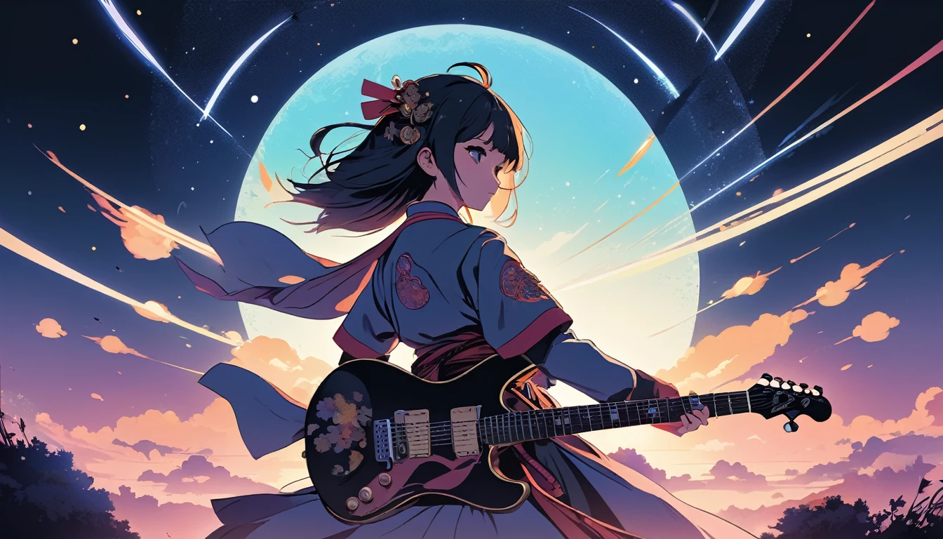 Electric guitar、Female samurai、Wide-angle lens, Lofi Anime, Lofi illustration, Aesthetic atmosphere, Lo-Fi Style, Vector art, Flat Design, Simple shape, Warm tones, Pleasant atmosphere, Chill, In anime style, Digital drawing, Vector art, Vector logo for t-shirt printing, (Adorable:1.5), (small:1.4), (Playful:1.2), (soft:1.3), (Whimsical:1.1), masterpiece, Highest quality, 8k, Intricate details, grow, Celestial, Mysterious, Picturesque, amazing, Majestic, Magic, Fantasy art, Cover art, dream-like