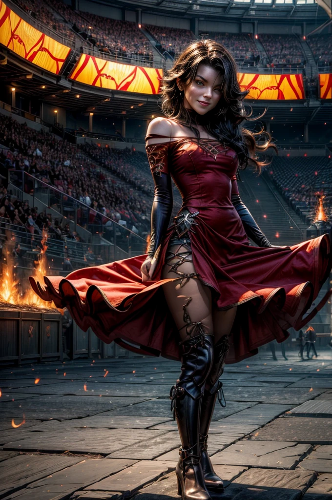 (masterpiece, best quality:1.2), cowboy shot, solo, 1girl, cinder fall, evil smile, holding flames, looking at viewer, long hair, red dress, elbow gloves, pantyhose, standing inside huge gothic sport stadium, spectators, crowd, bonfires (volumetric lighting), sharp focus, hyper detailed