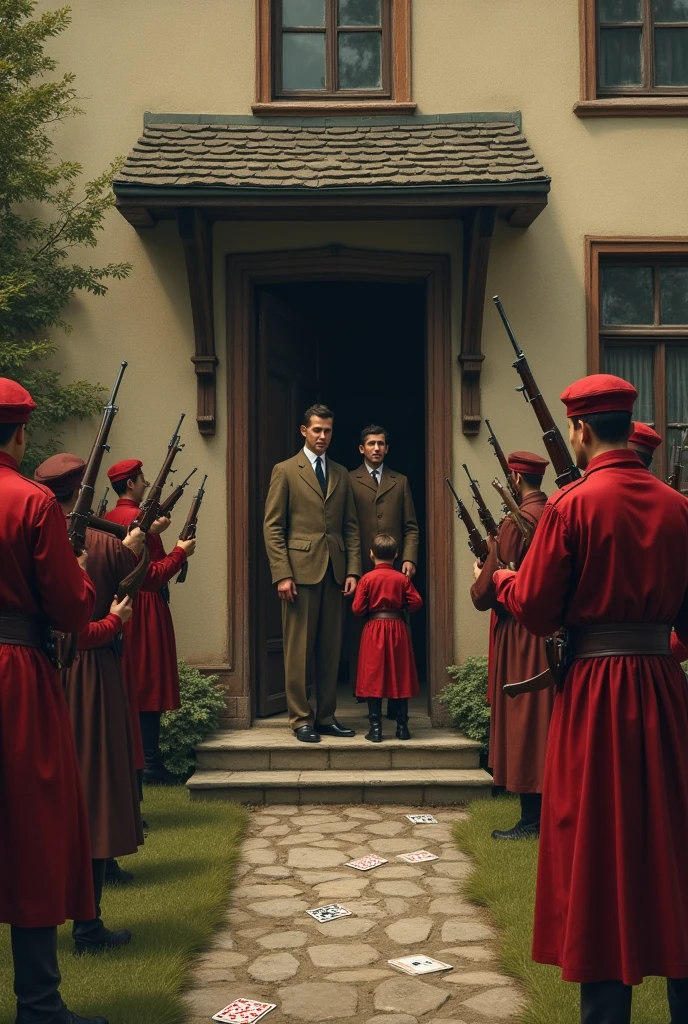 A middle class house from the 1900s with three people at the door, a father, a mother and a son dressed in brown clothes and outside in the garden there are 10 people dressed in red pointing at them with weapons that were used during the Russian civil war and there are also some cards on the empty floor.