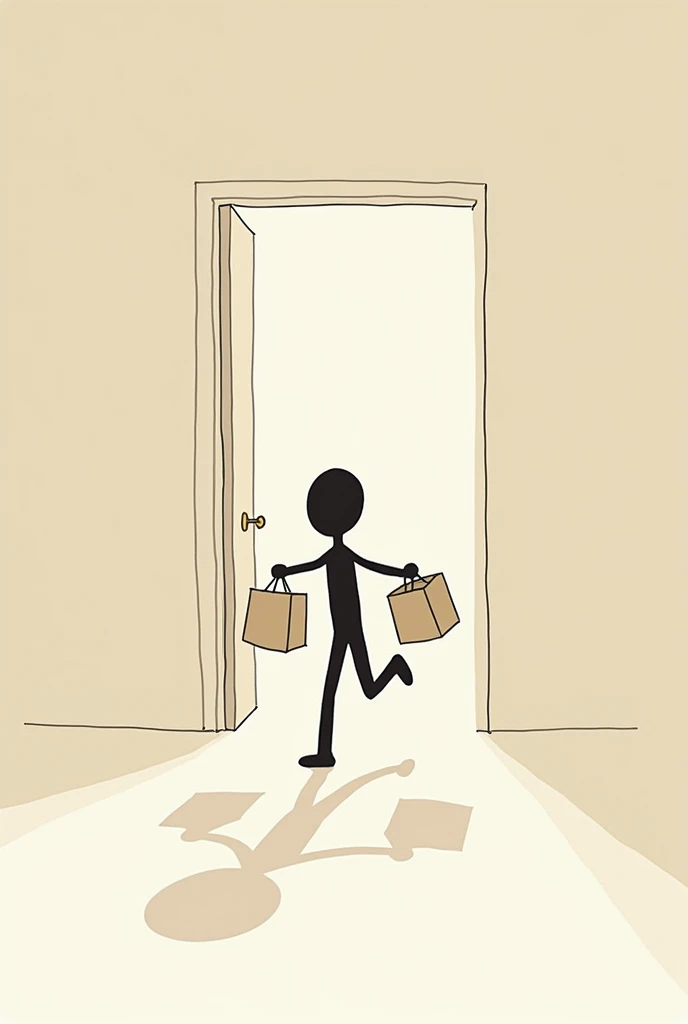 Stick figure running out of a door with bags in his hands. With your back to us
