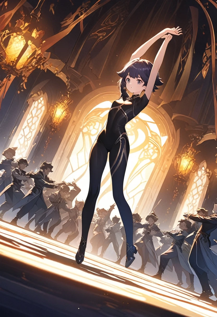 Animagine XL, anime, genshin, detailed illustration, dynamic angle, ultra-detailed, illustration, beautiful illustration, elegant illustration, human, lithe, skinny, dancing, stretching, skin tight clothes, 1girl, cyclops, dark room, blades
