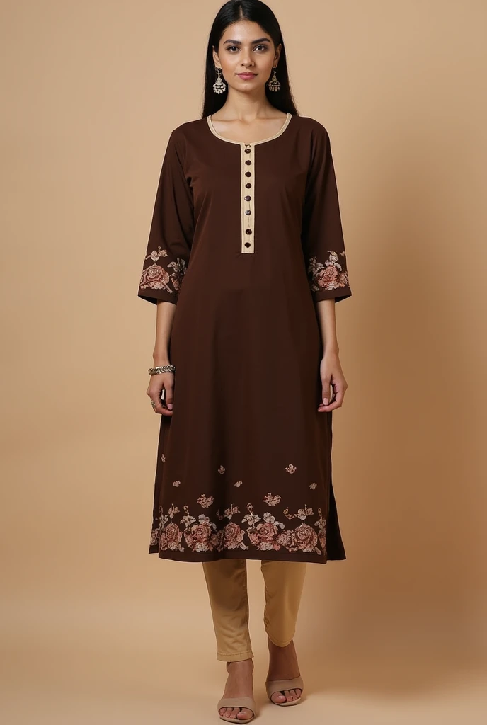A open button full sleeve round kurti.Sleeve is beige colour & it has little rose on bottom of the sleeve that is chocolate colour. The whole body of the dress is chocolate colour...& the dress has a open button system & a slight divive on the bottom...the button color is chocolate.... Show me full image.....sleeve rose is printed rose....button is on whole body & has a divide in the bottom portion of the dress &pant is also beige colour...more Design... Round kurti with cigarette pant



