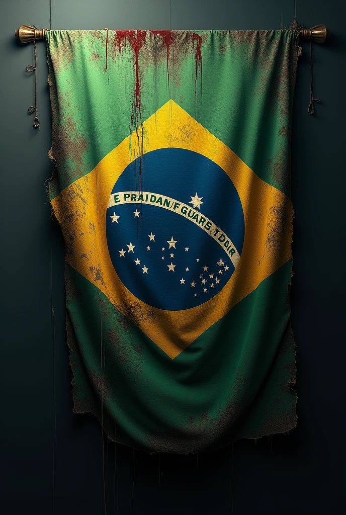 Create an image of a worn and tattered Brazilian flag. The flag should be partially draped, appearing dirty and stained with blood, suggesting a sense of decay and turmoil. The colors of the flag are faded, with visible signs of damage and wear, yet the central emblem remains discernible. The background is dimly lit, with a somber and heavy atmosphere that evokes a sense of struggle and distress."
