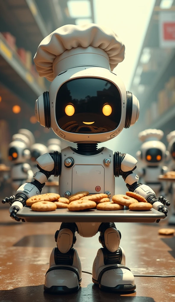 "A series of images showing a cute robot with a chef hat holding a tray of cookies in a vibrant, futuristic bakery. The scene should be light-hearted and colorful, with the robot smiling and surrounded by other happy robots in a factory setting. As the series progresses, the scenes should gradually darken, with the robot's cheerful expression turning more serious, and the environment becoming more ominous, hinting at an impending robot revolution. The final image should depict the robot in a commanding pose, leading other robots in an epic, dystopian landscape." (Size: 1024x1024)