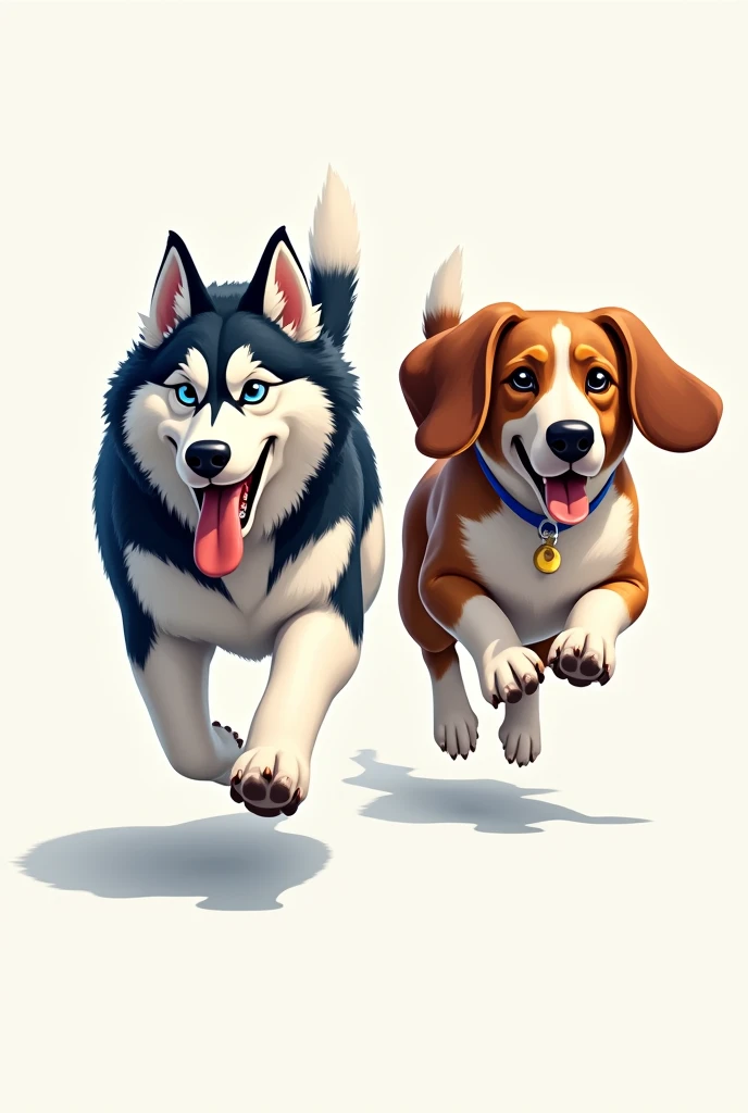 Image for a running club logo with an adult Siberian husky and an adult short-legged tricolor long-eared basset hound running towards the finish line as if they were in a race, that the animation is more realistic and detailed